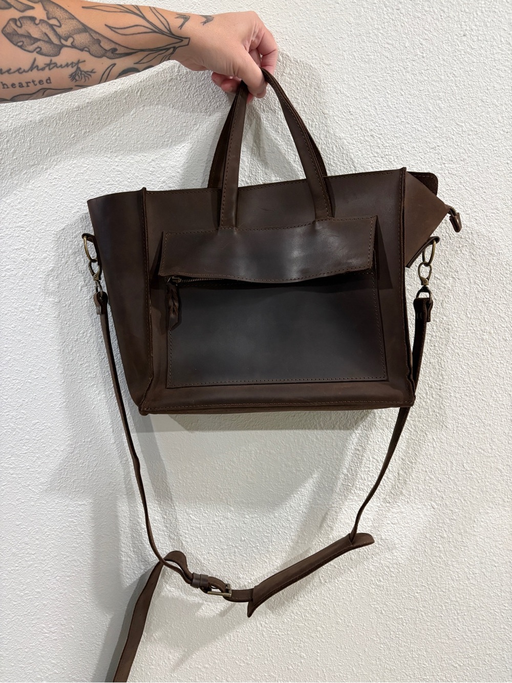 Classic Brown Leather Tote Crossbody Bag